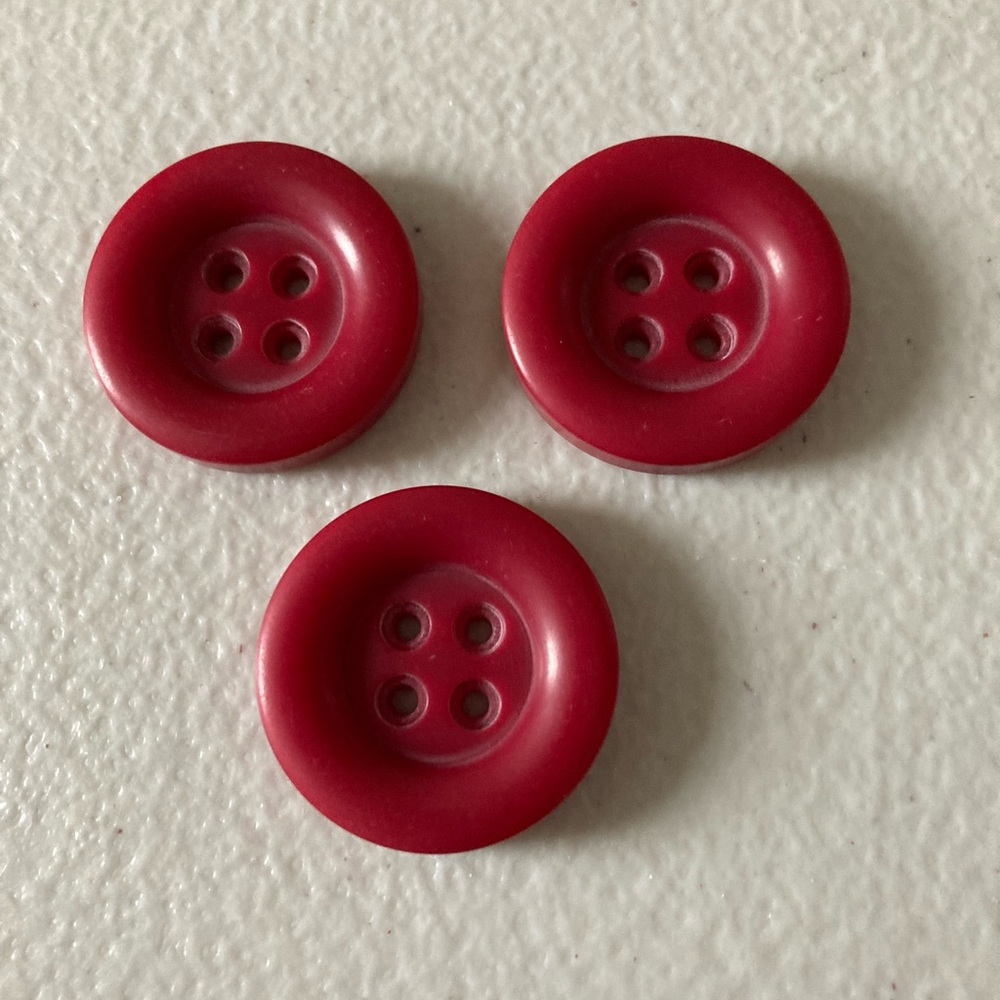 Lot 3 Red Plastic Buttons 4 Hole Design 1 1/8” Diameter 3/16” Thick Never Used